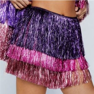 nasty gal “multicolored high waisted tinsel fringe shorts”